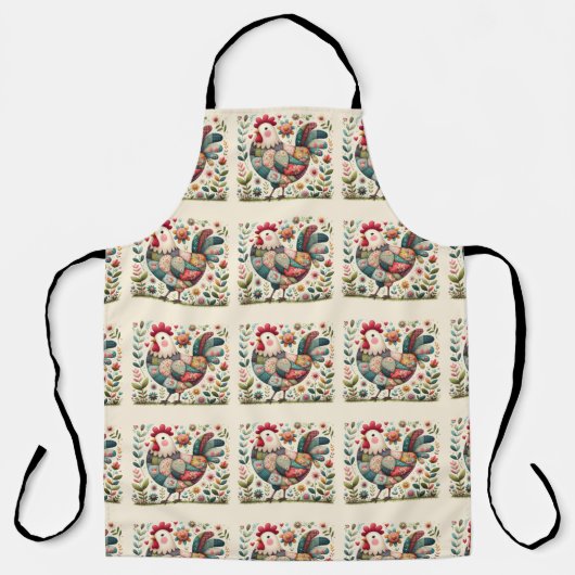 Folk Patchwork Haan met Bloemaccenten Schort (Voorkant)