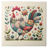 Folk Patchwork Haan met Bloemaccenten Tegeltje (Voorkant)