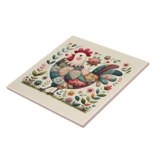 Folk Patchwork Haan met Bloemaccenten Tegeltje (Zijkant)