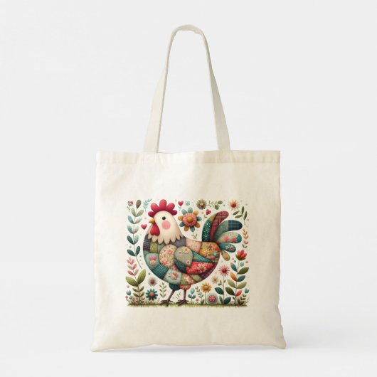 Folk Patchwork Haan met Bloemaccenten Tote Bag (Achterkant)