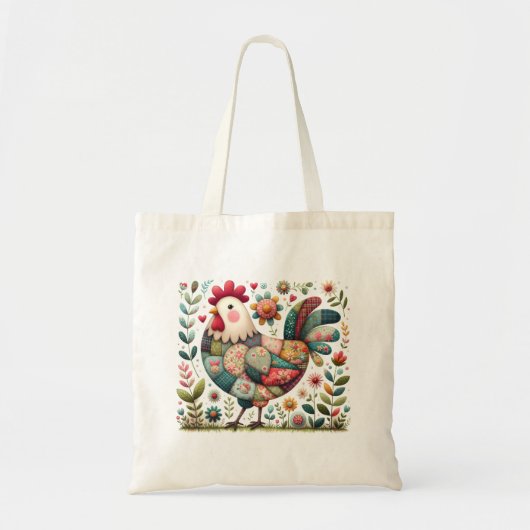 Folk Patchwork Haan met Bloemaccenten Tote Bag (Voorkant)
