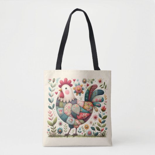 Folk Patchwork Haan met Bloemaccenten Tote Bag (Voorkant)