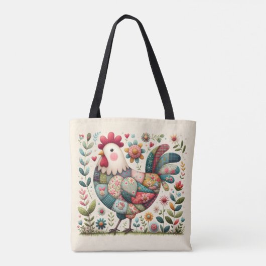Folk Patchwork Haan met Bloemaccenten Tote Bag (Achterkant)
