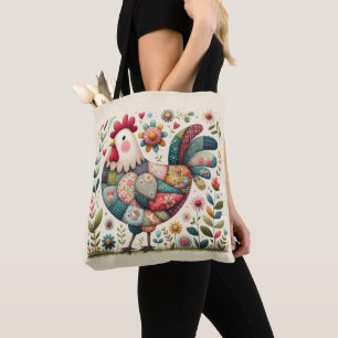 Folk Patchwork Haan met Bloemaccenten Tote Bag