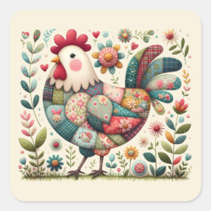 Folk Patchwork Haan met Bloemaccenten Vierkante Sticker