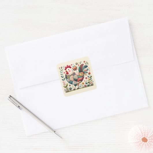Folk Patchwork Haan met Bloemaccenten Vierkante Sticker (Envelop)