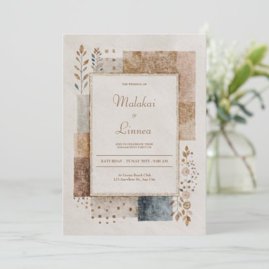 Folk Patchwork rustieke bruiloft Kaart (Staand voorkant)