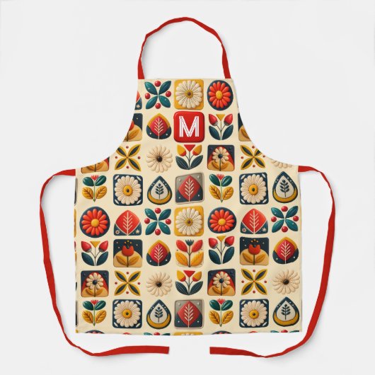 Folk Retro Bloemen Kleurrijk - gepersonaliseerd mo Schort (Voorkant)