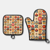 Folk Retro Floral – gepersonaliseerd monogram Ovenwant & Pannenlap Set (Voorkant)
