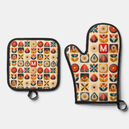 Folk Retro Floral – gepersonaliseerd monogram Ovenwant & Pannenlap Set