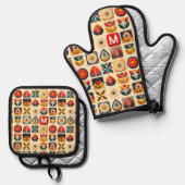 Folk Retro Floral – gepersonaliseerd monogram Ovenwant & Pannenlap Set (Voorkant / Achterkant)