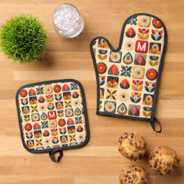 Folk Retro Floral – gepersonaliseerd monogram Ovenwant & Pannenlap Set