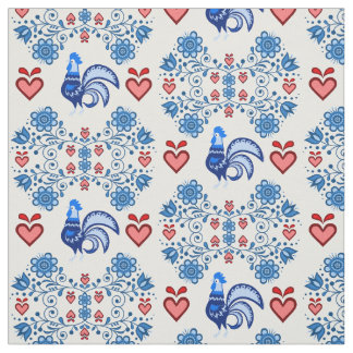 Folk Rooster / Cockerel / blauw / rood bloemen, ha Stof
