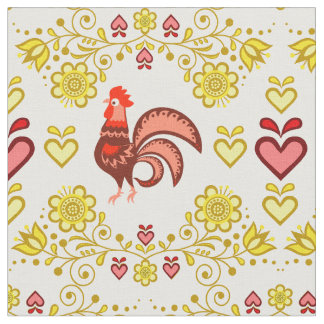 Folk Rooster/Cockerel goud/bloemig, harten/4" Stof