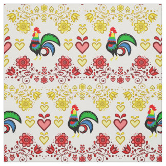 Folk Rooster/Cockerel goud/rode bloemen ,harten/4" Stof