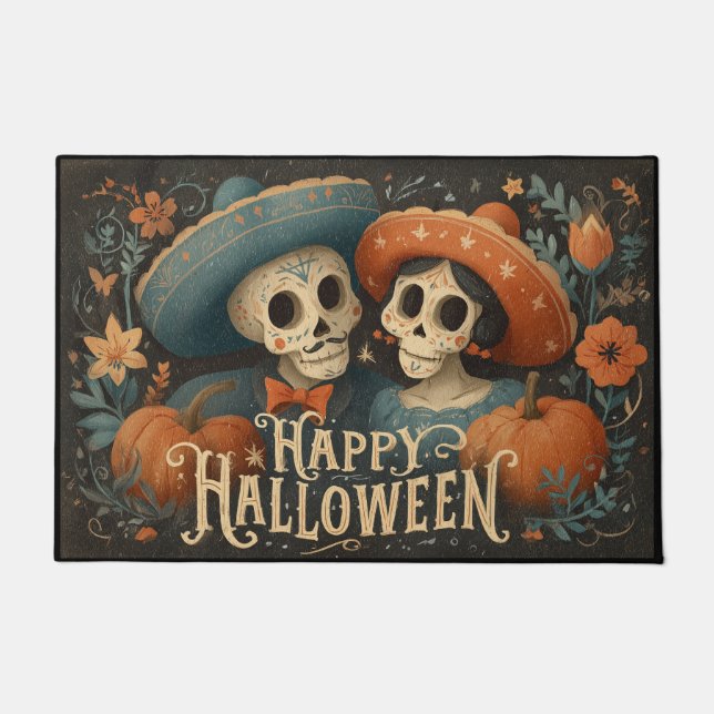 Folk Skull Couple with Pumpkins Happy Halloween Deurmat (Voorkant)