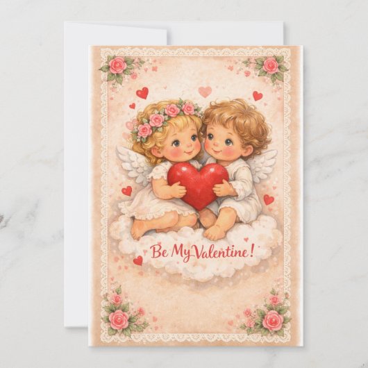 Folk Valentine Angels with Heart – Whimsical Primi Feestdagenkaart (Voorkant)