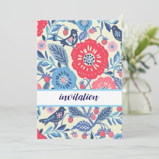 Folk vogel en aardbei ontwerp kaart (Staand voorkant)