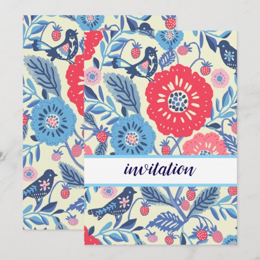 Folk vogel en aardbei ontwerp kaart (Voorkant / Achterkant)