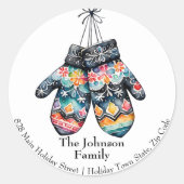 Folk Winter Mittens Kerstretour adres Ronde Sticker (Voorkant)