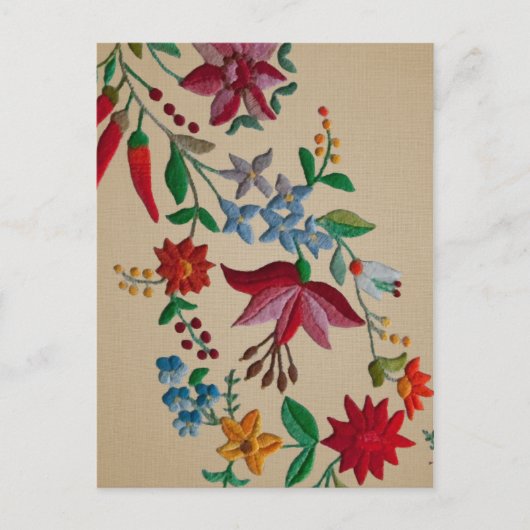 Folkart Bloem Borduurwerk op Linnen Look Backing Briefkaart (Voorkant)