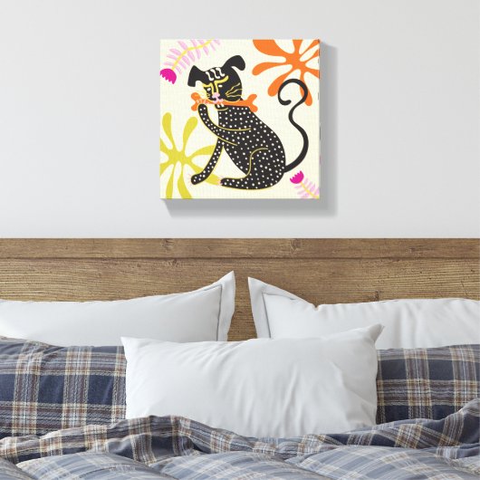 Folkart Boho Abstract Zwarte Hond met de hand gete Canvas Afdruk (Insitu (Slaapkamer))