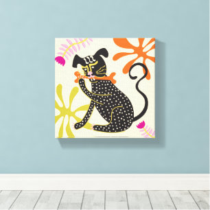 Folkart Boho Abstract Zwarte Hond met de hand gete Canvas Afdruk