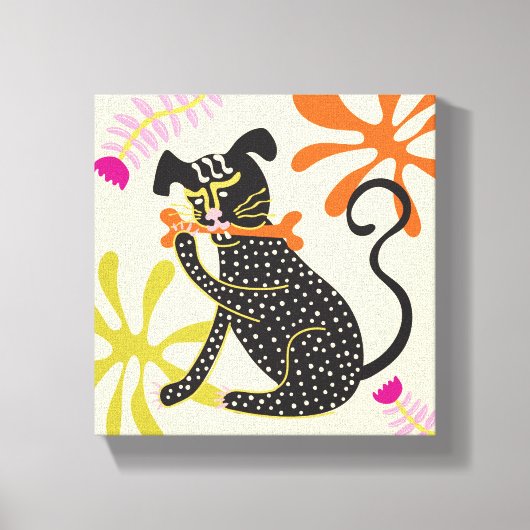 Folkart Boho Abstract Zwarte Hond met de hand gete Canvas Afdruk (Voorkant)