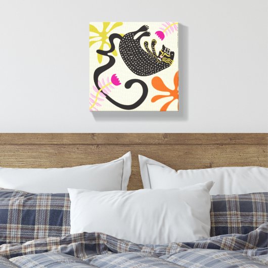 Folkart Boho Abstract Zwarte Kat met de hand getek Canvas Afdruk (Insitu (Slaapkamer))