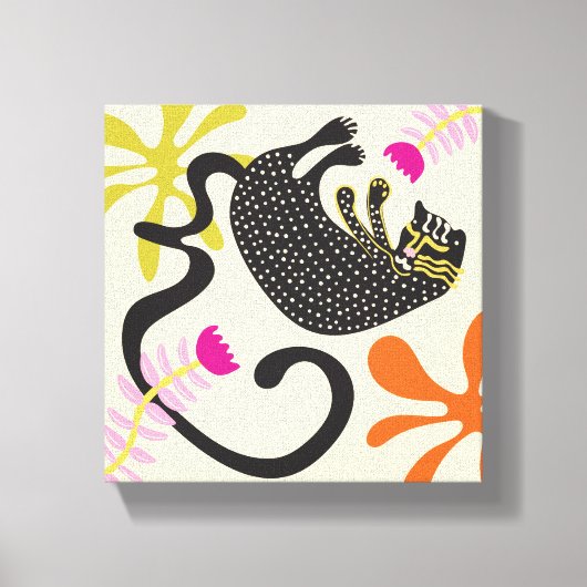 Folkart Boho Abstract Zwarte Kat met de hand getek Canvas Afdruk (Voorkant)