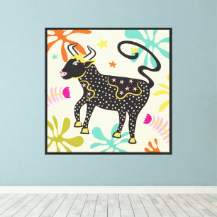 Folkart Boho Taurus Bull Abstract Zodiac Canvas Afdruk