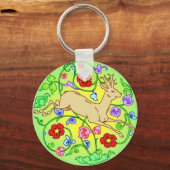 Folkart Deer Buck loopt door een tuin Sleutelhanger (Voorkant)