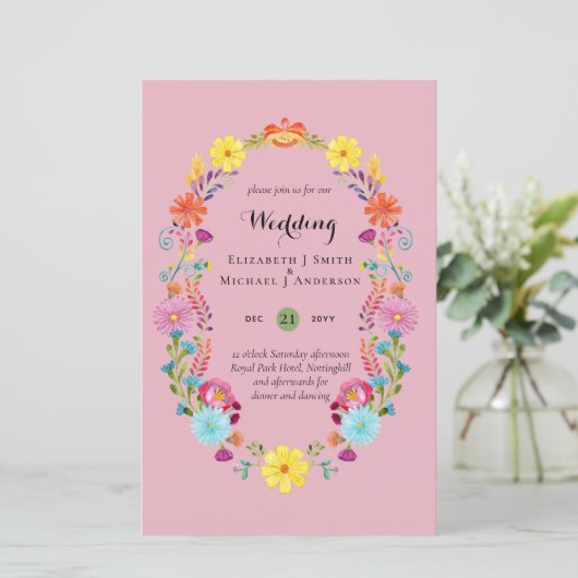 Folkart Flower Fiesta Wedding Invitation Boda (Staand voorkant)