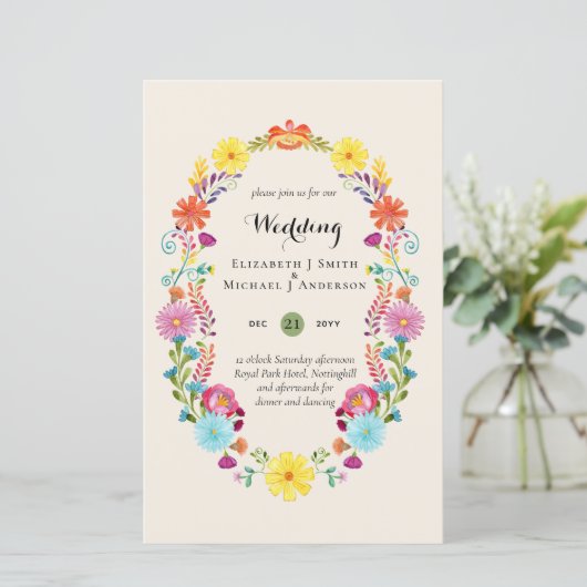 Folkart Flower Fiesta Wedding Invitation Boda (Staand voorkant)