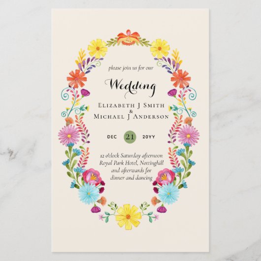 Folkart Flower Fiesta Wedding Invitation Boda (Voorkant)