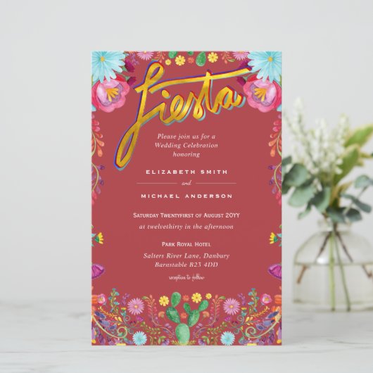 Folkart Flower Fiesta Wedding Invitation Boda (Staand voorkant)