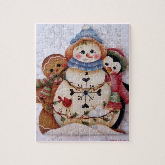 Folkart Snowman, Gingerbrood Man, Penguin Puzzle Legpuzzel (Verticaal)