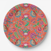 Folkbloem helder oranje bloempatroon bruiloft papieren bordje (Voorkant)