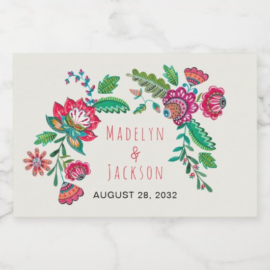 Folkbloemen bohemische bruiloft sparkling wijnetiket (Enkel label)