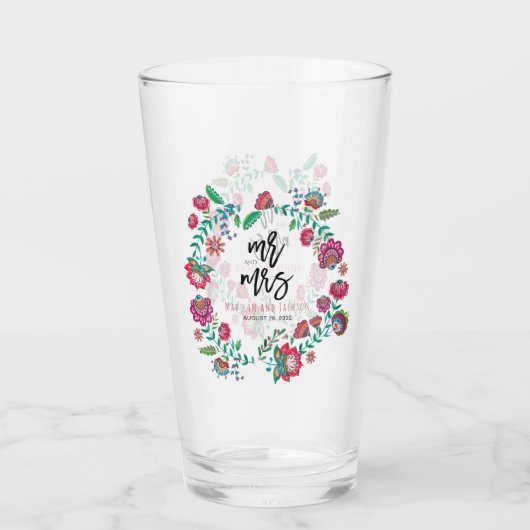 Folkbloemen, multicolor bruiloft glas (Achterkant)
