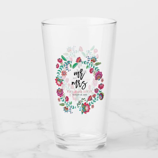 Folkbloemen, multicolor bruiloft glas (Voorkant)