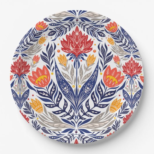 Folkbloemen patroon papieren bordje (Voorkant)