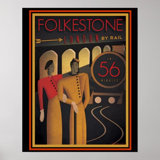 Folkestone London by Rail Art Deco Poster 16 x 20 (Voorkant)