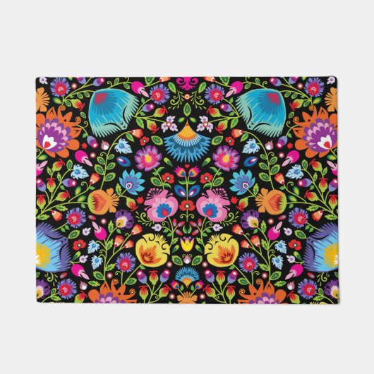 Folklore bloemen Wycinanki zwart Deurmat (Voorkant)
