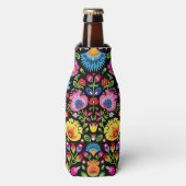 Folklore bloemen Wycinanki zwart Flesjeskoeler (Fles Voorkant)