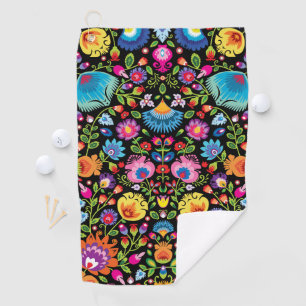 Folklore bloemen Wycinanki zwart Golfhanddoek