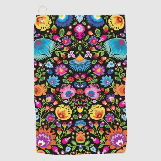 Folklore bloemen Wycinanki zwart Golfhanddoek (Voorkant)