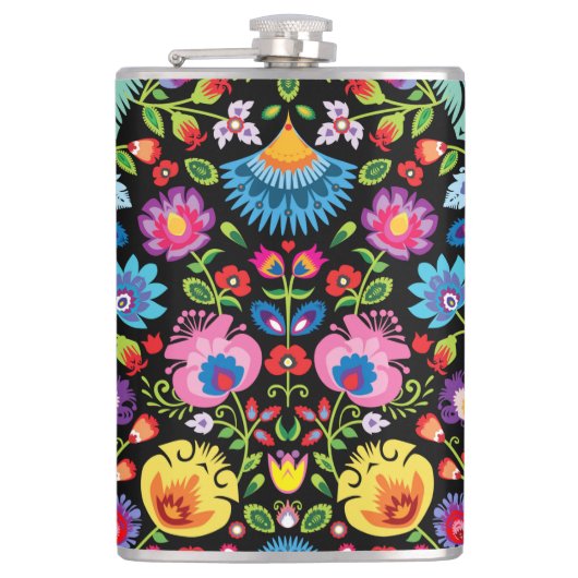 Folklore bloemen Wycinanki zwart Heupfles (Voorkant)