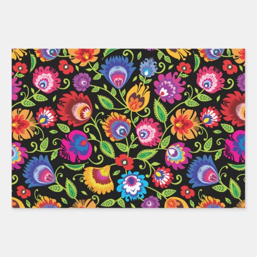 Folklore bloemen Wycinanki zwart Inpakpapier Vel (Voorkant 3)