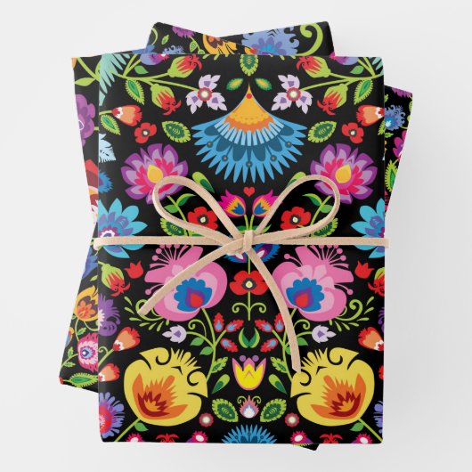 Folklore bloemen Wycinanki zwart Inpakpapier Vel (In situ)